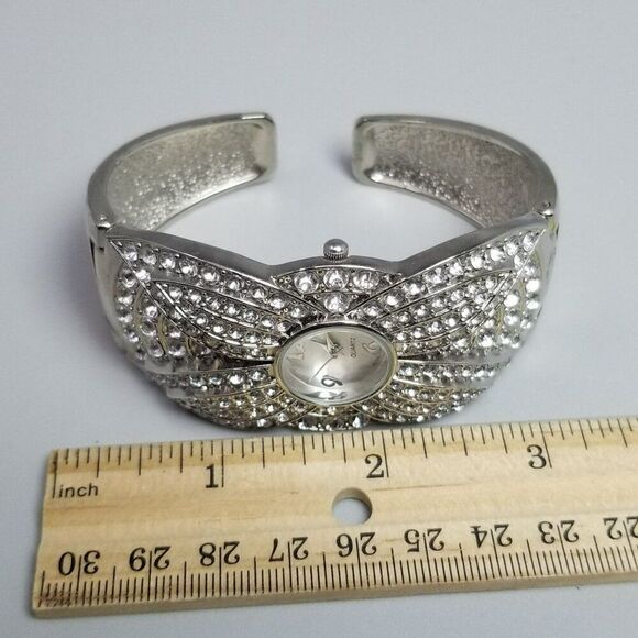 Vintage Rhinestone Encrusted Silver Tone Cuff Bangle Quartz Watch, AS IS - Picture 7 of 9